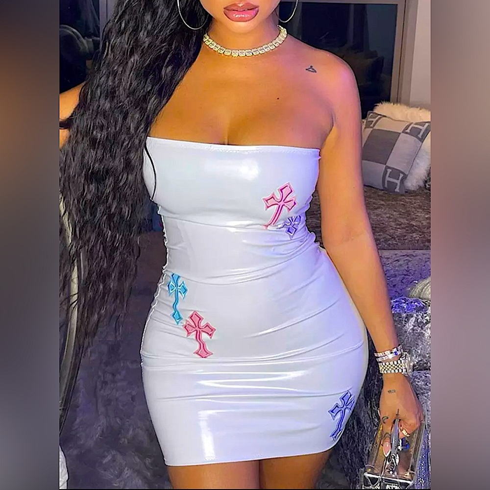 Double Cross Patch White Latex Bodycon Strapless Dress